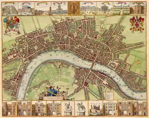 Colour map of London from 1560 showing the Thames and surrounding city
